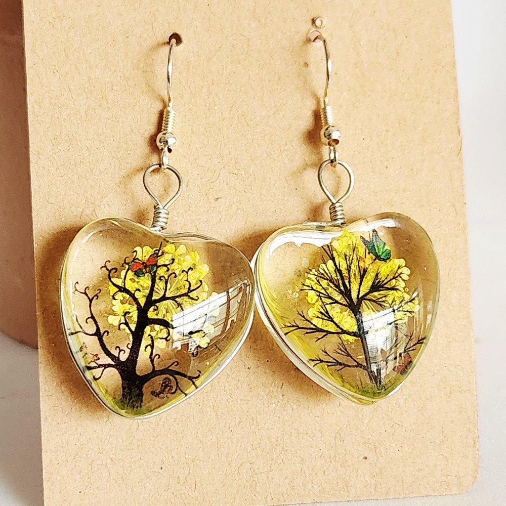 Handmade Heart-Shaped Tree with Yellow Blossoms Dangle Earrings NEW Ladies